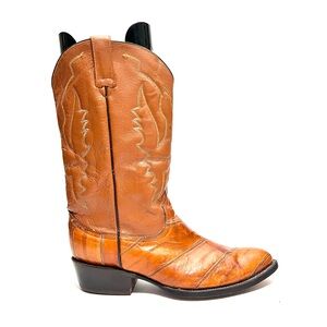 Vintage 1979s men's orange tan eel skin leather mid calf pull on cowboy boots